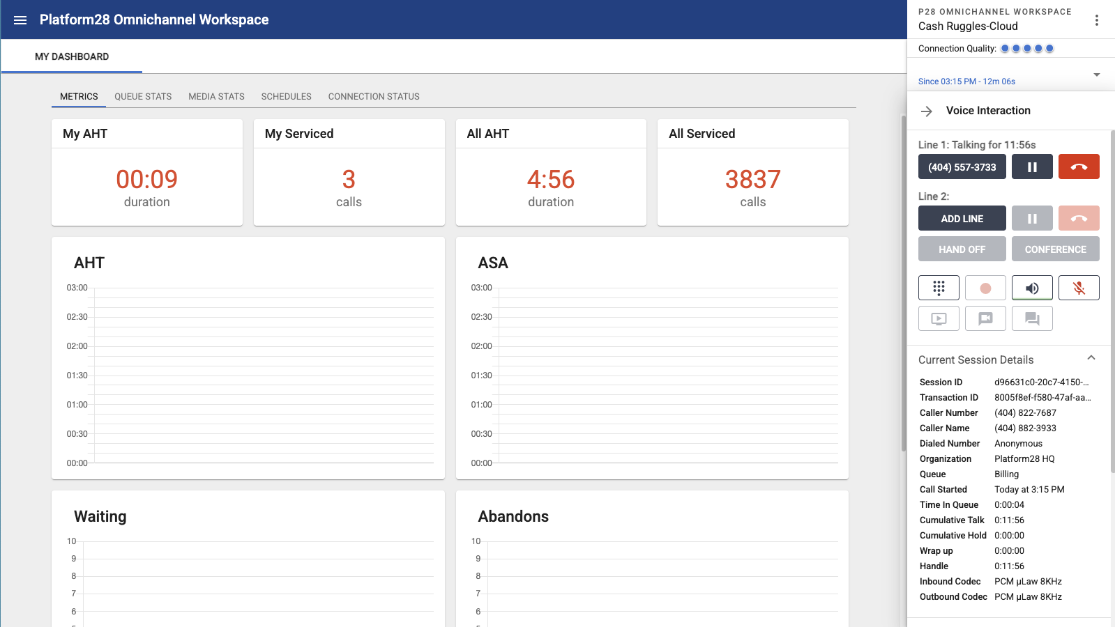 Platform28 Agent Desktop showing omnichannel workspace with chat, voice, and AI capabilities
